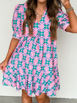 Pink Geometric Floral Print V Neck Ricrac Trim Short Sleeve Mini Dress