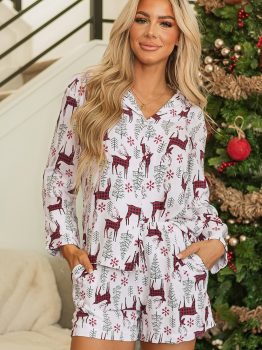 White Christmas Deer Printed Shirt and Shorts Lounge Set