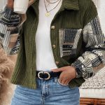 Jungle Green Ribbed Fleece Plaid Print Patchwork Button Up Jacket