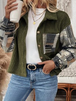 Jungle Green Ribbed Fleece Plaid Print Patchwork Button Up Jacket