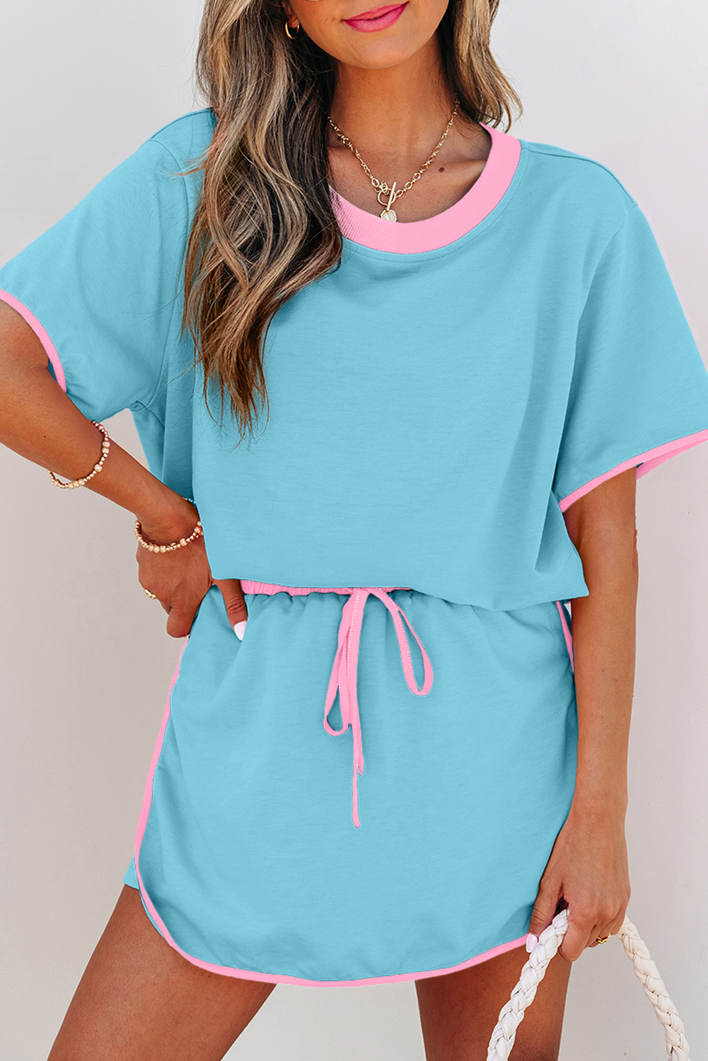 Turquoise Colorblock Edge Drop Shoulder T Shirt and Skort 2Pcs Set - Image 6