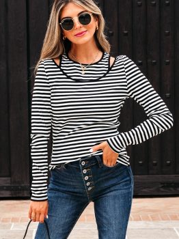 Black Stripe Double-layer Cold Shoulder Long Sleeve Top