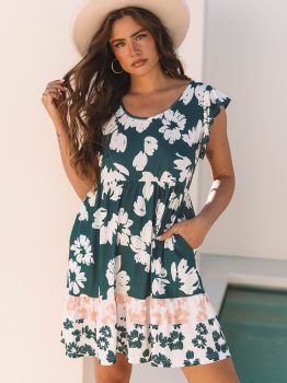Green Floral Print Ruffle Sleeve Empire Waist Mini Dress