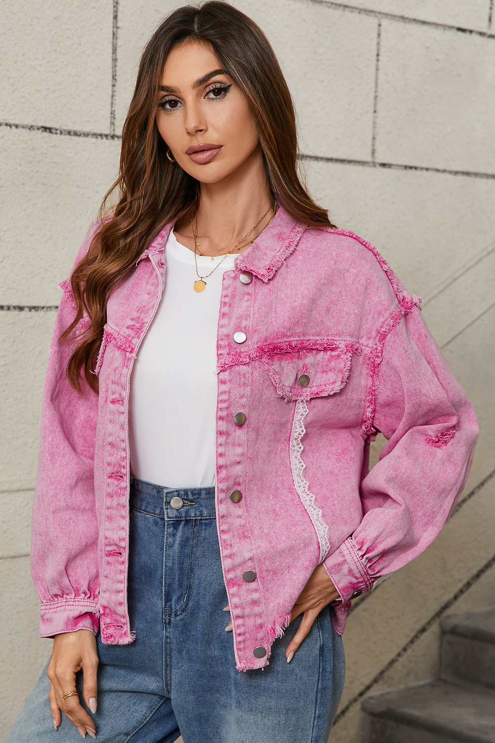 Pink Lace Patchwork Distressed Buttoned Denim Jacket - Image 3