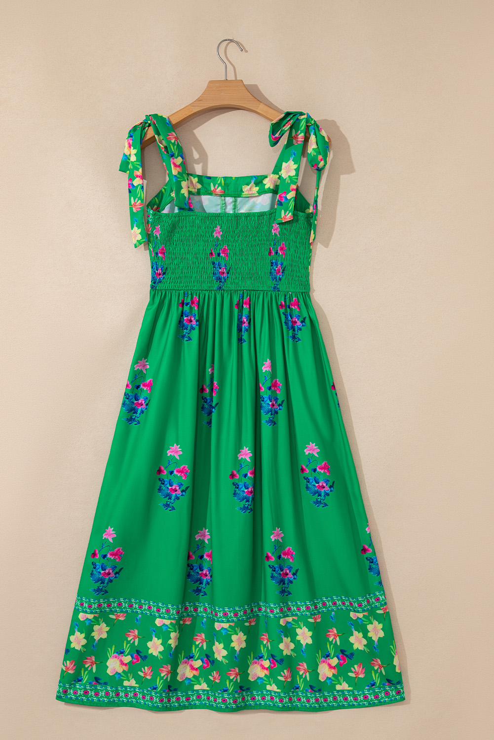 Green Floral Print Contrast Trim Knotted Straps Midi Dress - Image 8