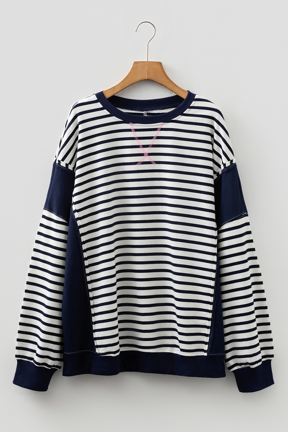 Blue Stripe Contrast Stitched Detail Color Block Patchwork Plus Size Sweatshirt - Image 7