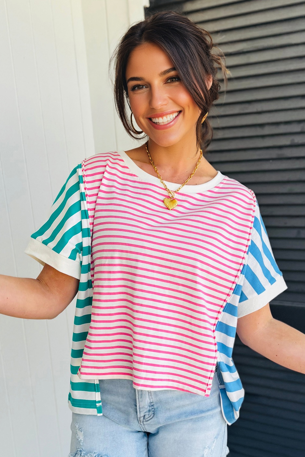 Pink Stripe Mixed Pattern Patchwork Uneven Hem Loose Tee - Image 2