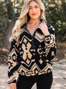 Black Western Aztec Half Placket Plush Sweatshirt