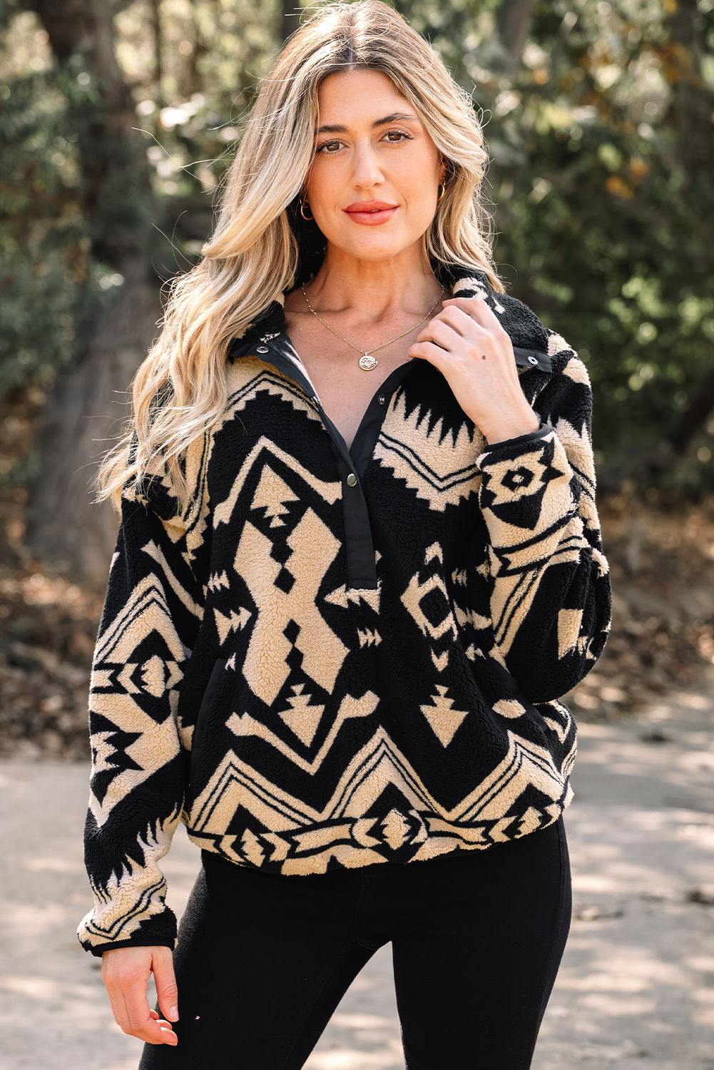Black Western Aztec Half Placket Plush Sweatshirt