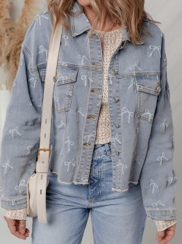 Sky Blue Bow Knot Print Light Wash Raw Hem Denim Jacket
