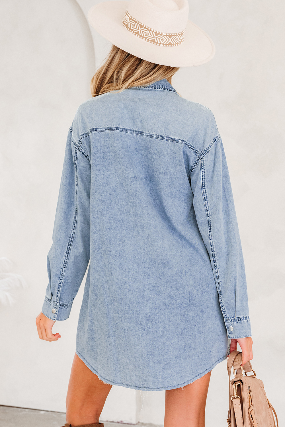 Beau Blue Chest Pocket Raw Hem Denim Loose Shirt Dress - Image 2