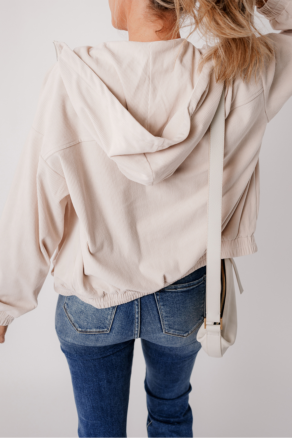 White Corduroy Drawstring Hooded Pocket Zip Up Jacket - Image 5