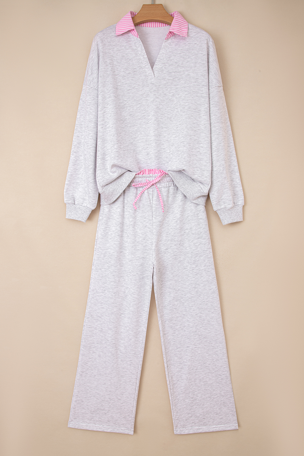 Light Grey 2pcs Contrasted Trim Frilled Collar Drop Shoulder Pullover Drawstring Pant Set - Image 5