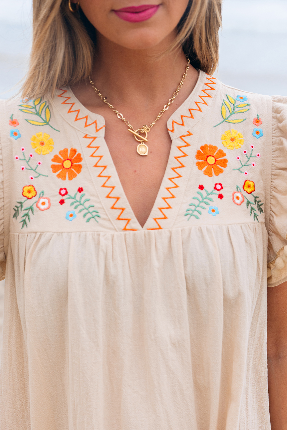 Jet Stream Linen Embroidery Split Neck Pom Pom Ruffle Sleeves Flowy Short Dress - Image 7