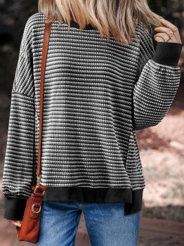 Black Stripe Ribbed Trim Drop Shoulder Long Sleeve Oversize Top
