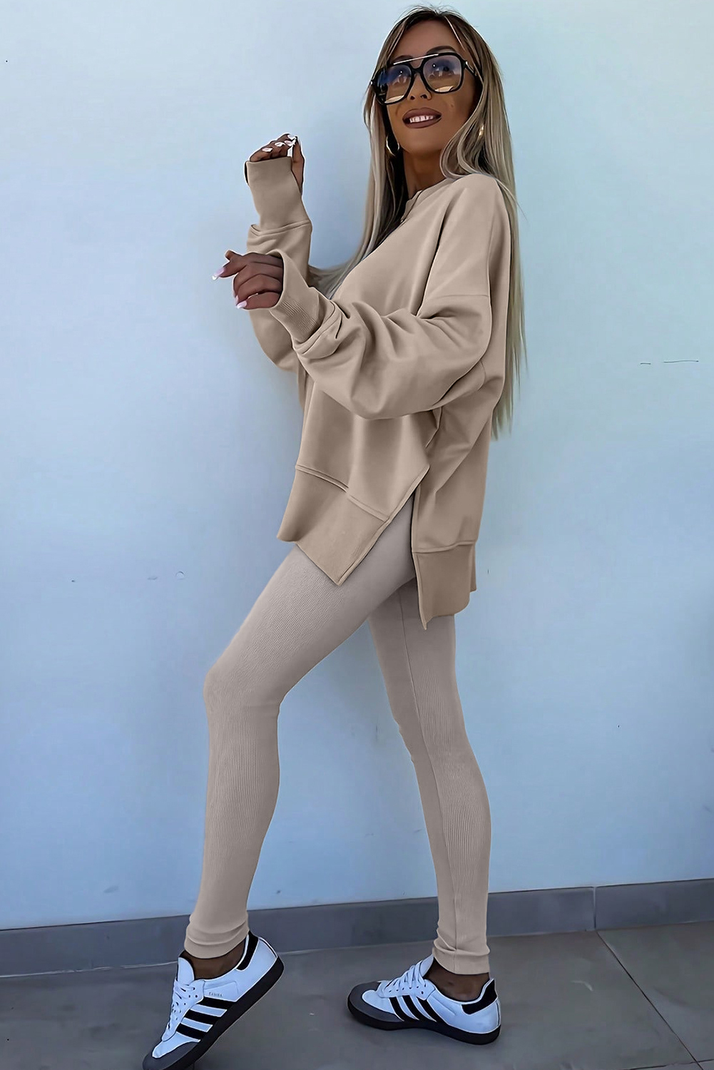 Jet Stream Solid Color Oversize Slit Sweatshirt Ribbed Leggings 2pcs Set - Image 3