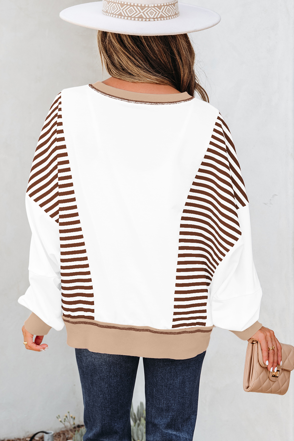 Brown Stripe Colorblock Patchwork Contrast Stitching Oversize Sweatshirt - Image 2