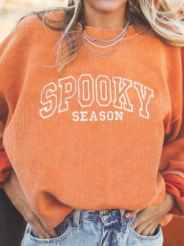 Orange SPOOKY SEASON Embroidered Letter Graphic Twisted Ribbed Sweatshirt