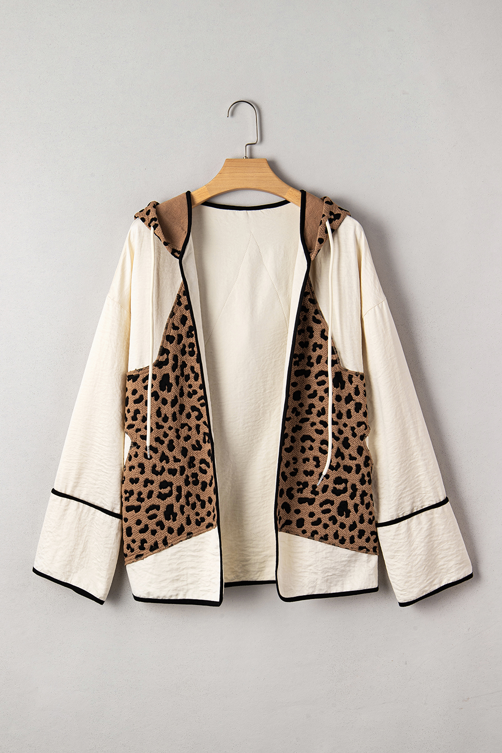 Brown Leopard Star Hooded Patchwork Contrast Piping Open Front Jacket - Image 4