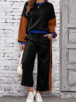 Black 2pcs Color Block Pullover Loose Pant Set