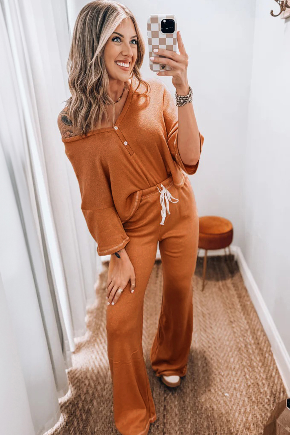 Grapefruit Orange Contrast Stitching Buttoned V Neck Half Sleeve Top and Drawstring Flare Pants Set - Image 2