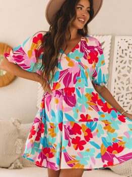 Rose Red Floral Bubble Sleeve V Neck Tiered Ruffle Babydoll Dress