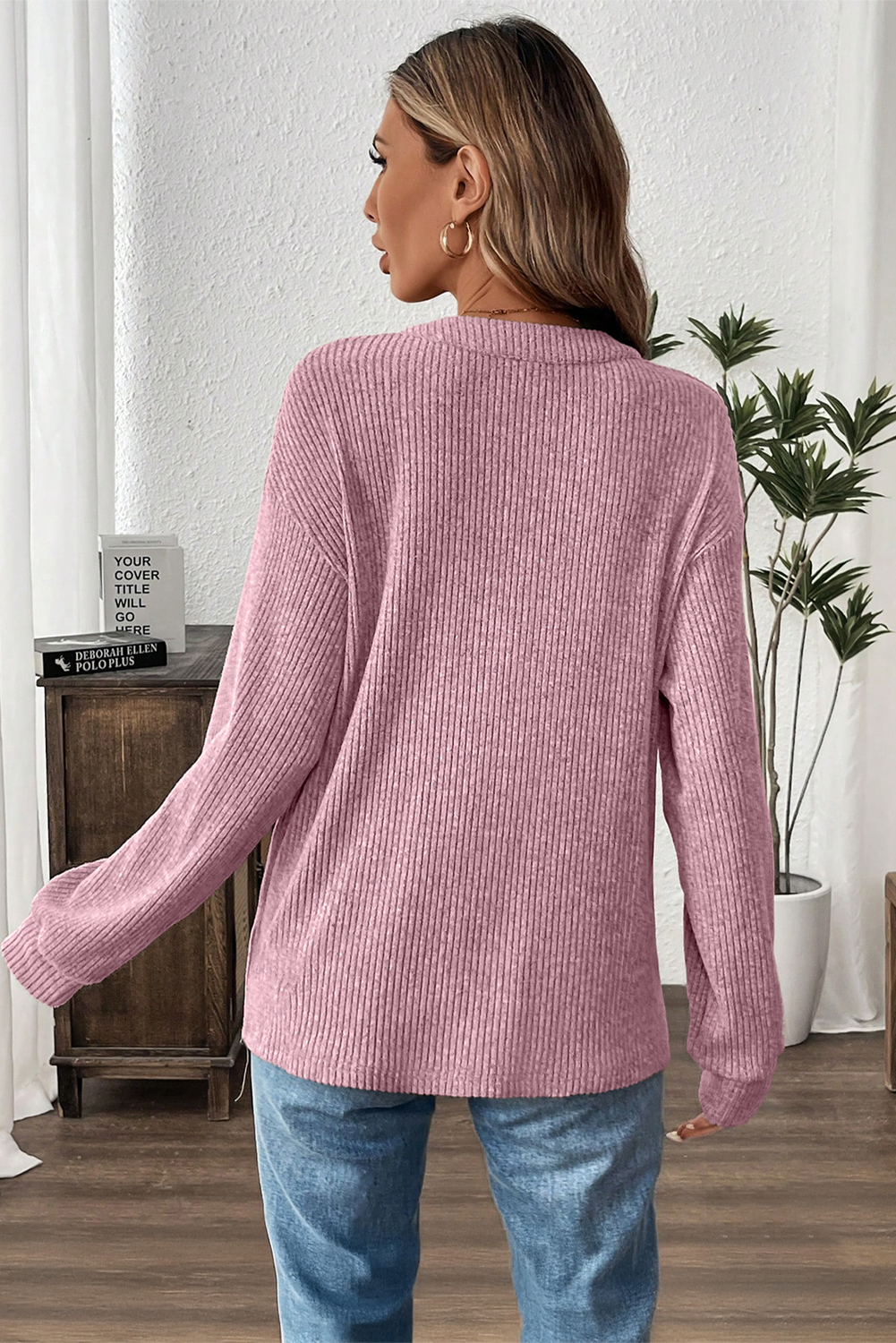 Pink Ribbed Texture Drop Shoulder Henley Knit Top - Image 2