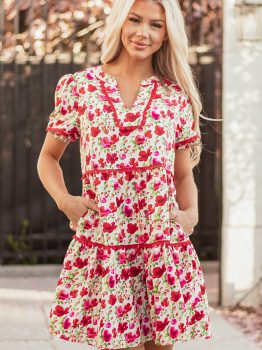 Red Floral Puff Sleeve Tiered Ric Rac Pocketed Mini Dress