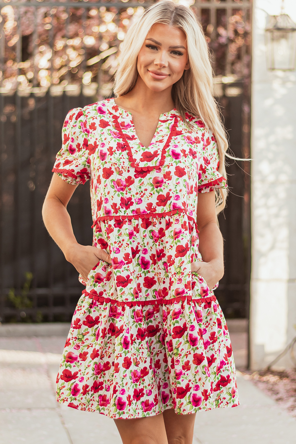 Red Floral Puff Sleeve Tiered Ric Rac Pocketed Mini Dress