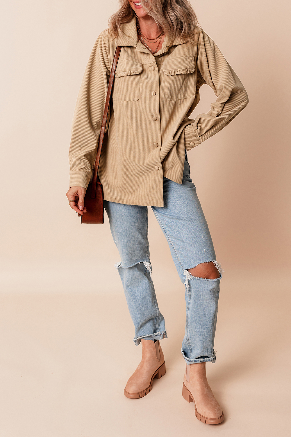 Light French Beige Solid Frilled Flap Pocket Button Up Corduroy Shacket - Image 6