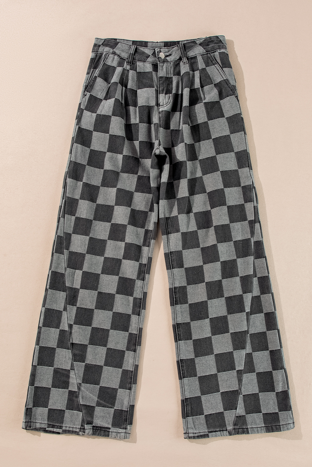 Dark Grey Checkered Denim Wide Leg Jeans - Image 3