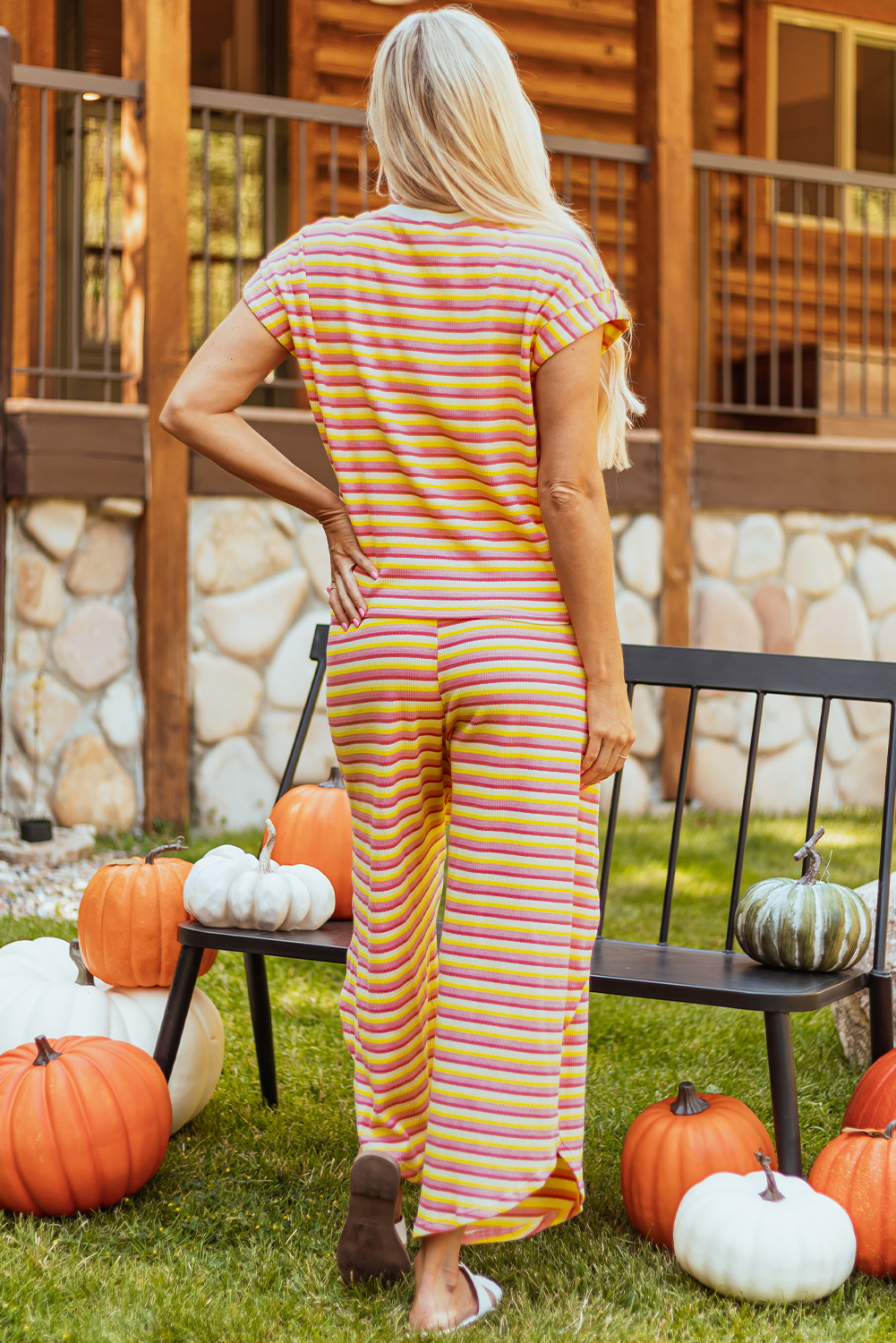 Yellow Stripe Rainbow Tee Tasseled String Wide Leg Pants Set - Image 2