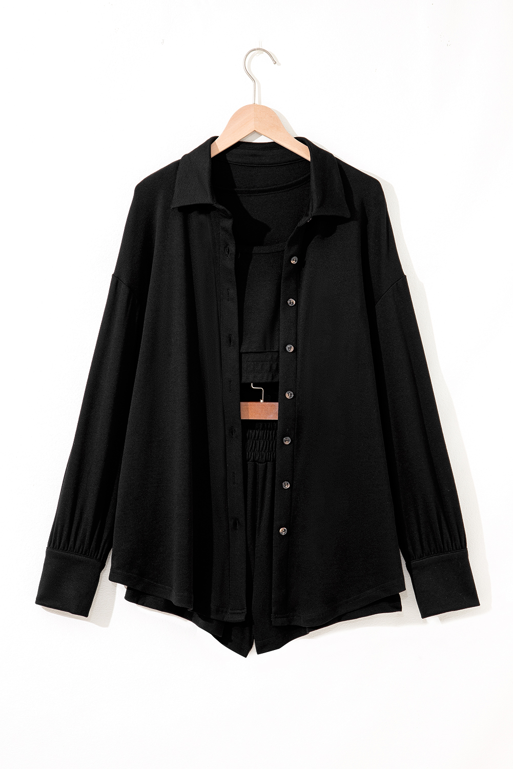 Black 3 Pcs Crop Tank Top Shorts with Cardigan Lounge Set - Image 4