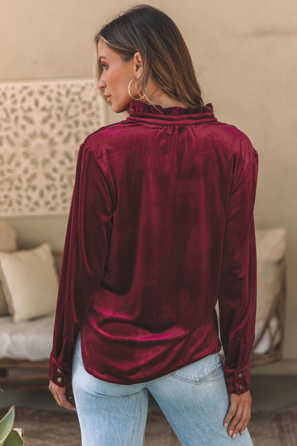 Burgundy Frilled Neck Buttoned Front Velvet Top - Image 5