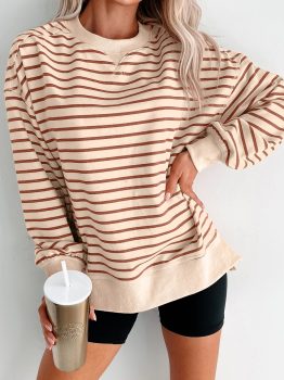 Khaki Stripe Ribbed Band Seam Detail Baggy Sweatshirt