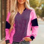Pink Stripe Color Block V Neck Loose Fit Long Sleeve Top