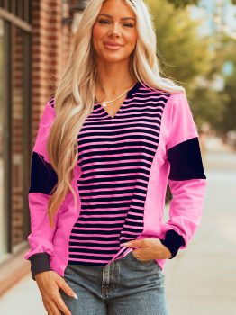 Pink Stripe Color Block V Neck Loose Fit Long Sleeve Top