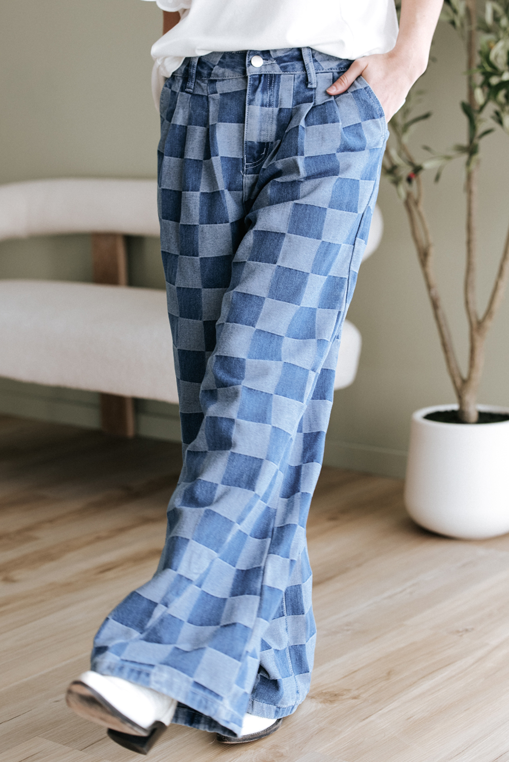 Dusk Blue Checkered Denim Wide Leg Jeans - Image 7