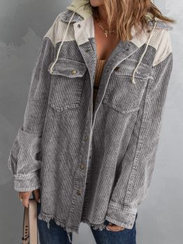 Gray Color Block Button Down Hooded Corduroy Jacket