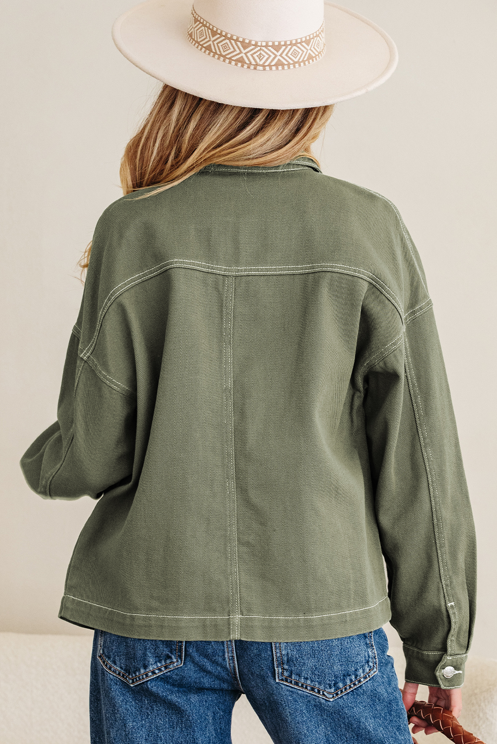 Smoke Green Patched Pocket Collared Button Front Boyfriend Denim Jacket - Image 2