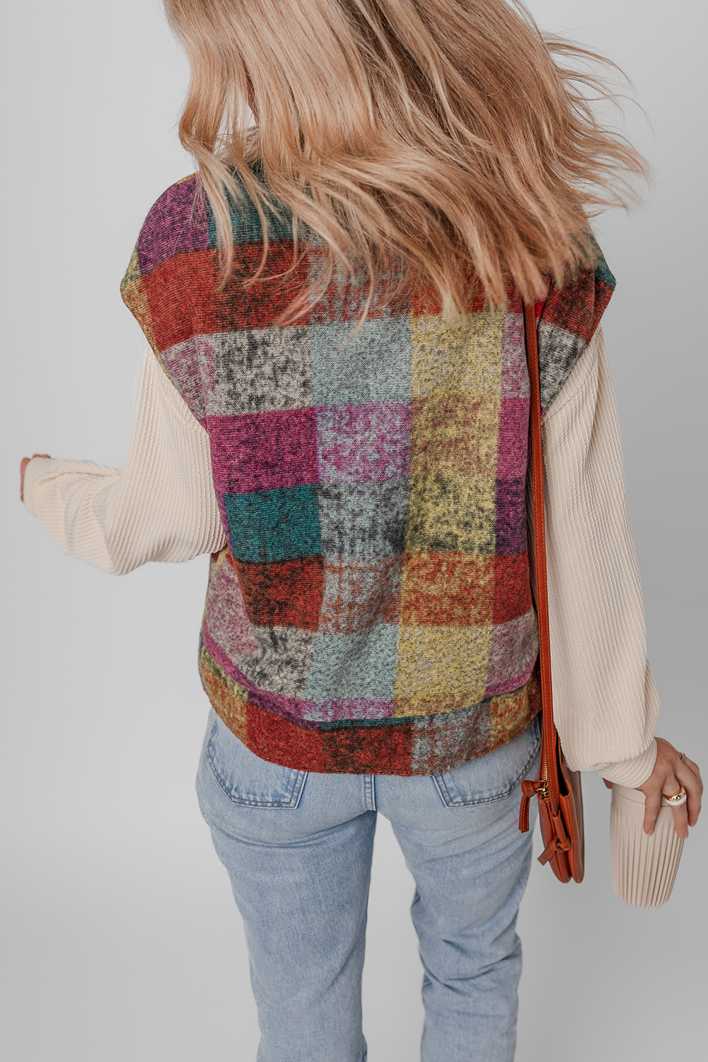 Multicolor Plaid Print Side Pockets Zipped Loose Vest - Image 2