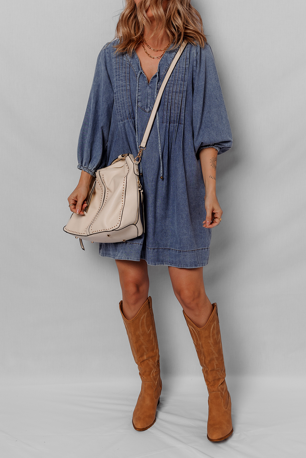 Sail Blue 3/4 Sleeve Tied V Neck Pleated Denim Mini Dress - Image 5