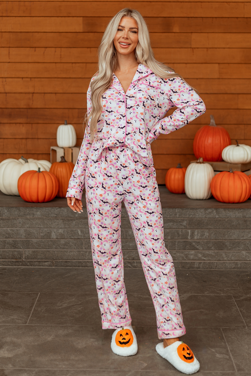 Pink Halloween Eve Haunted Honey Bat Print Pajama Set - Image 7