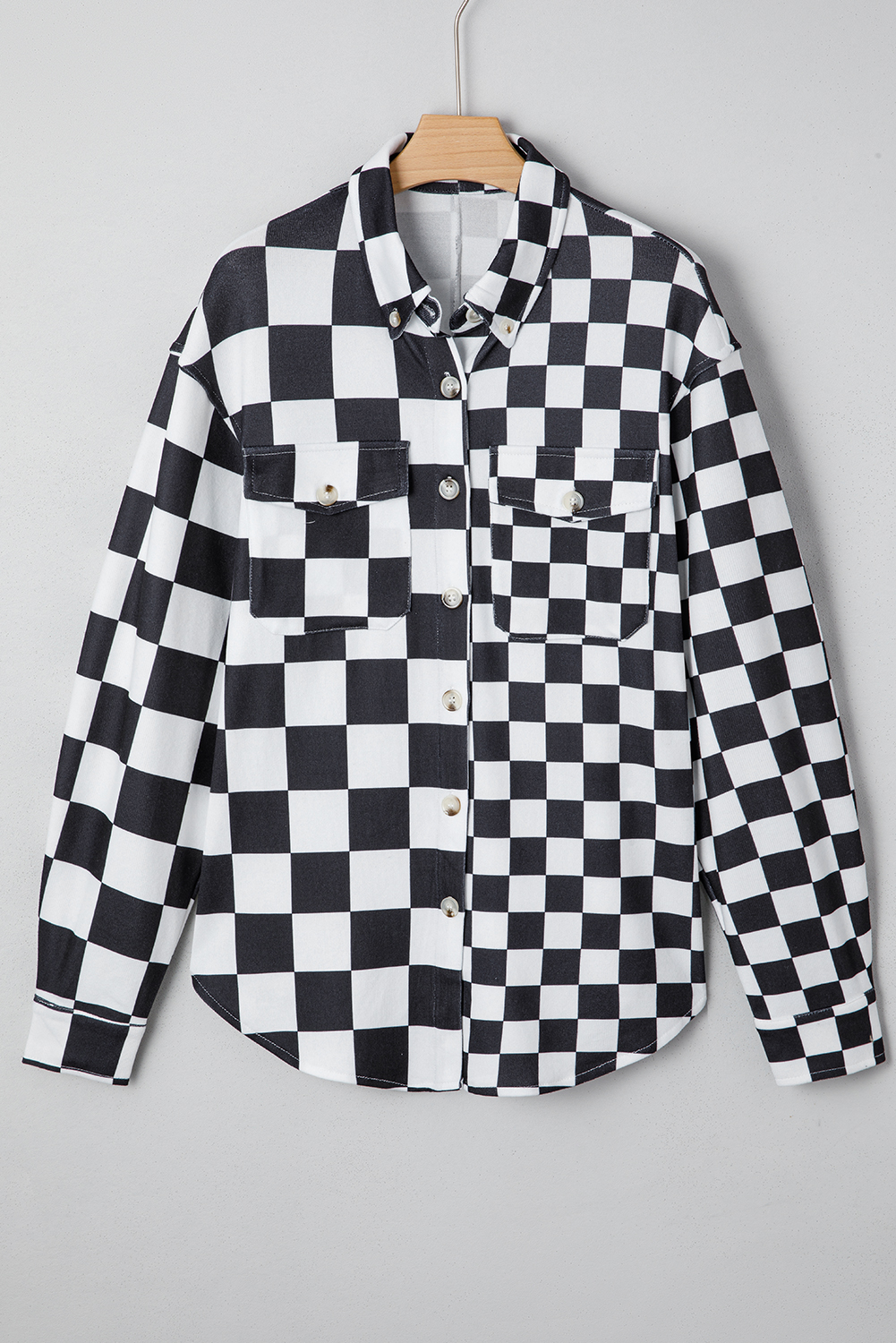 Black Checkerboard Flap Pocket Button Front Shacket - Image 5