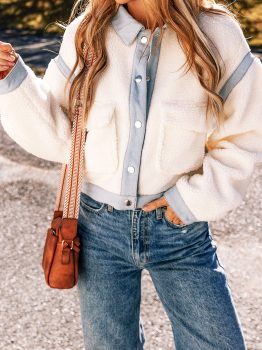 White Contrast Trim Buttoned Sherpa Jacket