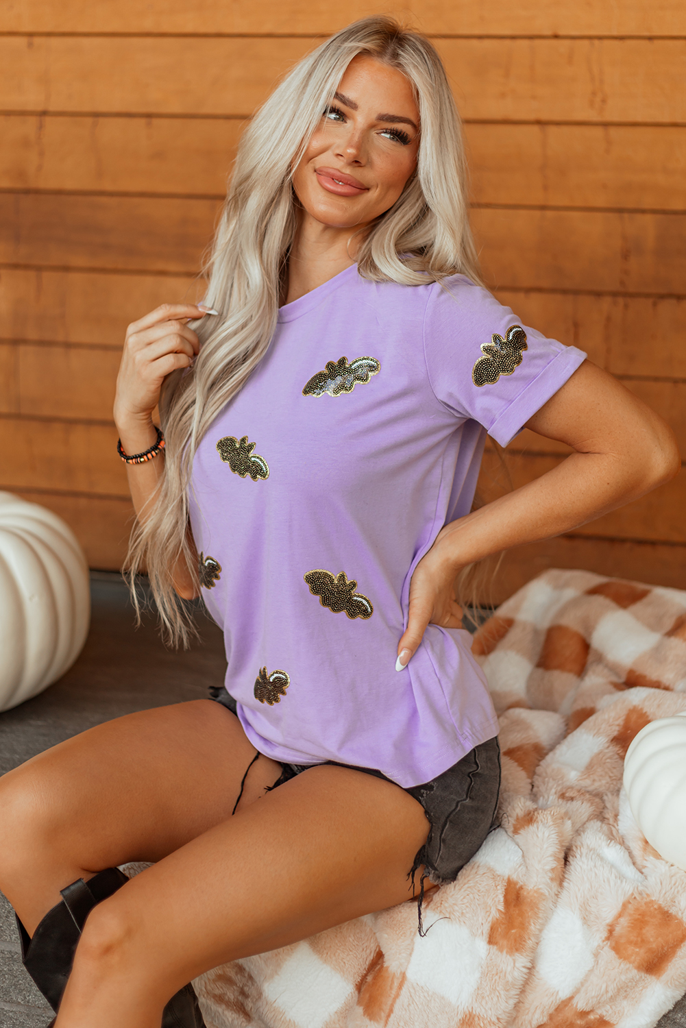 Wisteria Sequin Halloween Bat Patched Casual T Shirt - Image 4