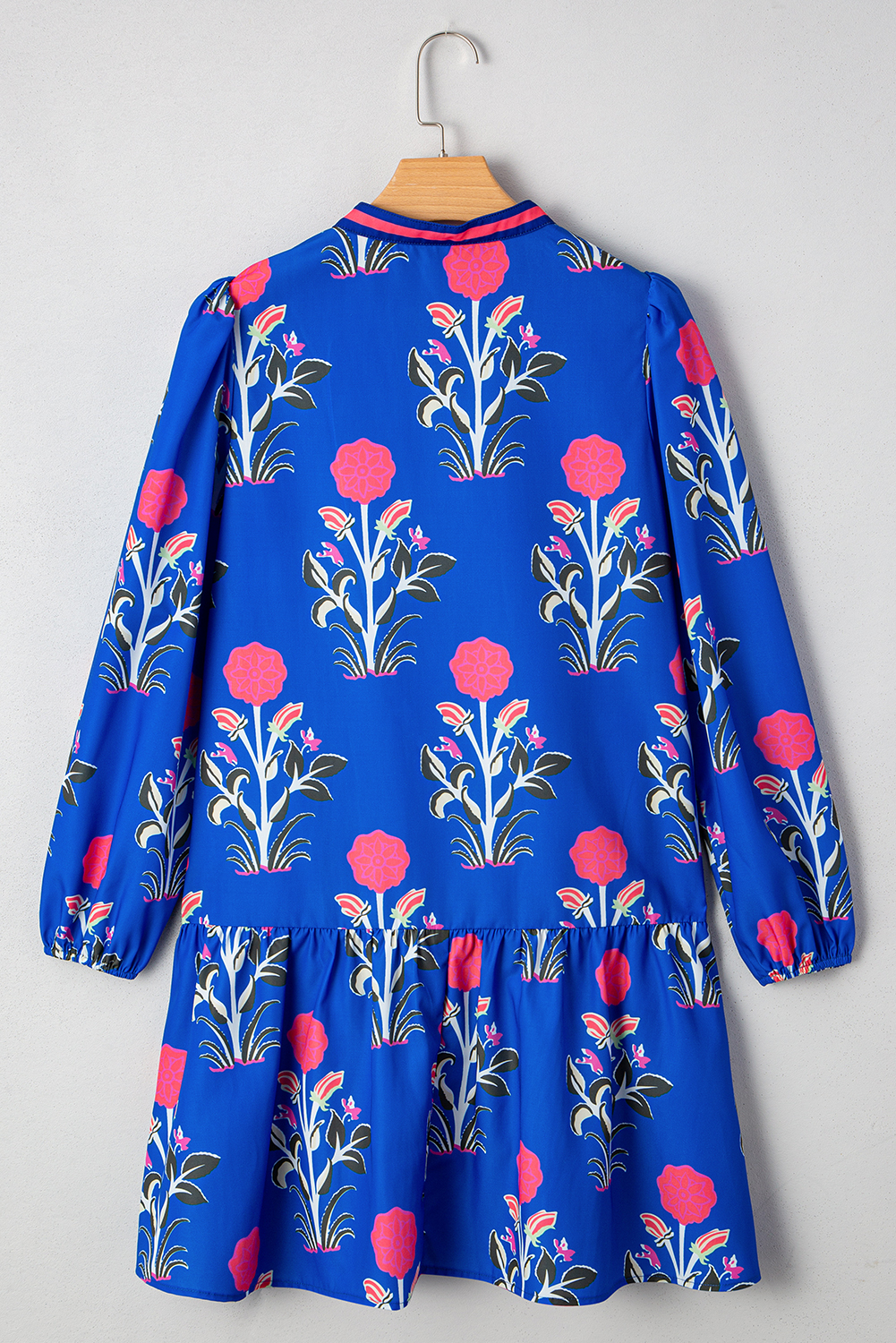 Sky Blue Floral Print Contrast Striped Trim Notched Neck Long Sleeve Dress - Image 7