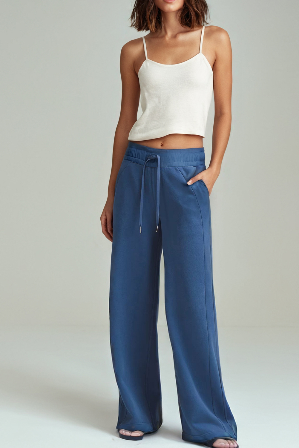 Sail Blue Drawstring High Waist Wide Leg Pocketed Sweatpants - Image 3