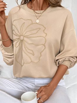 Parchment Embroidered Flower Pattern Drop Shoulder Sweatshirt