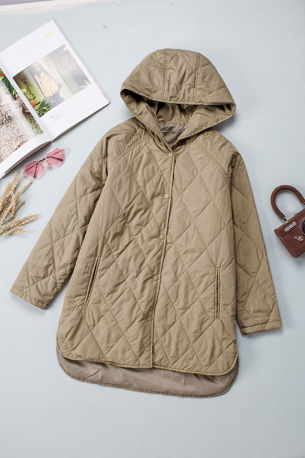 Khaki Quilted Snap Button Hooded Puffer Coat - Image 8